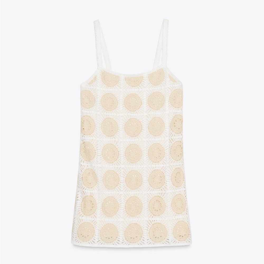 Zara Medium White and Tan Crochet Mini Summer | Boho Dress